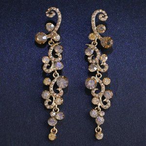 gold amber crystal rhinestone vintage style bib prom pageant bridal earrings